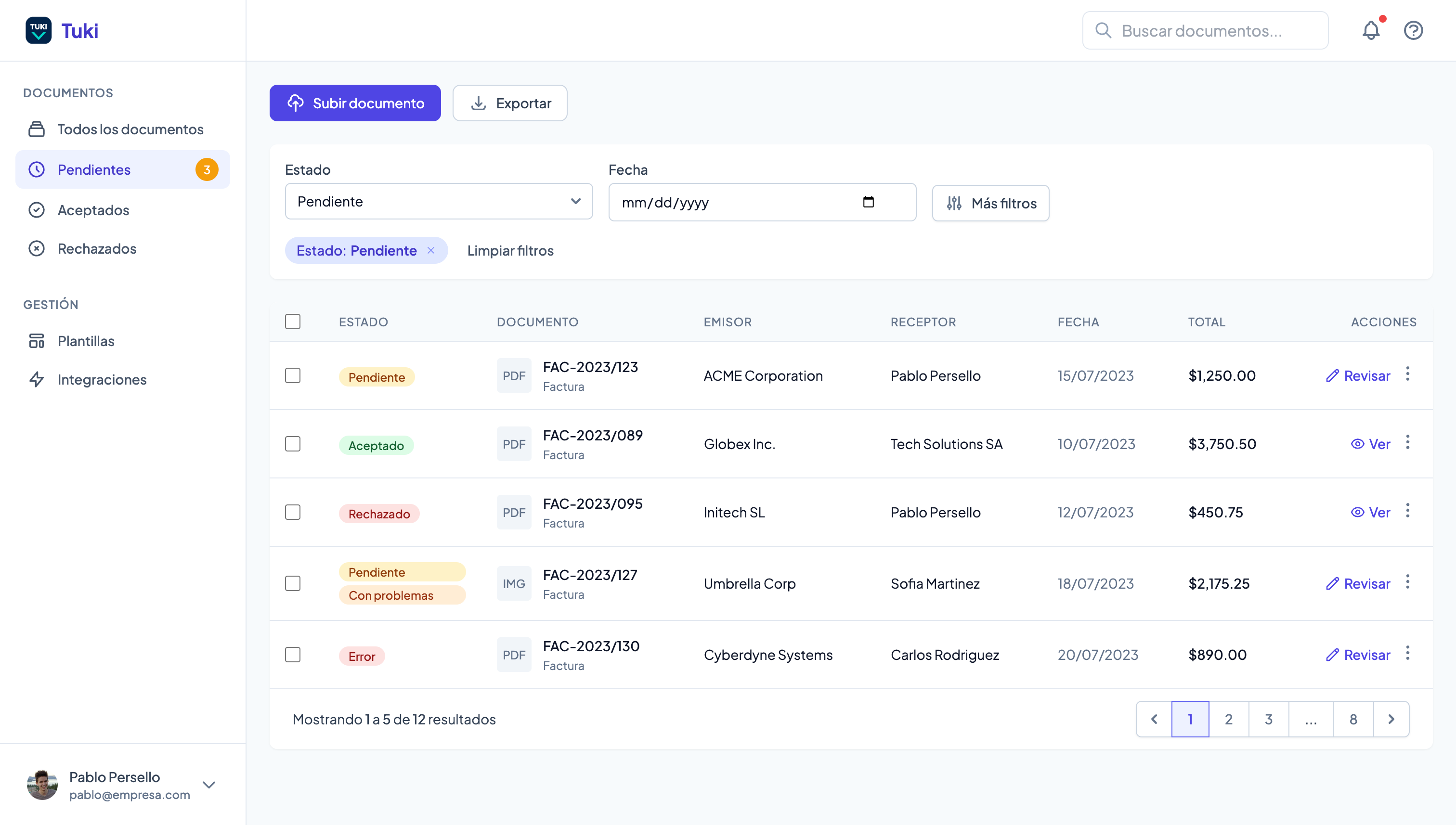TukiDocs dashboard mostrando extracción automática de documentos